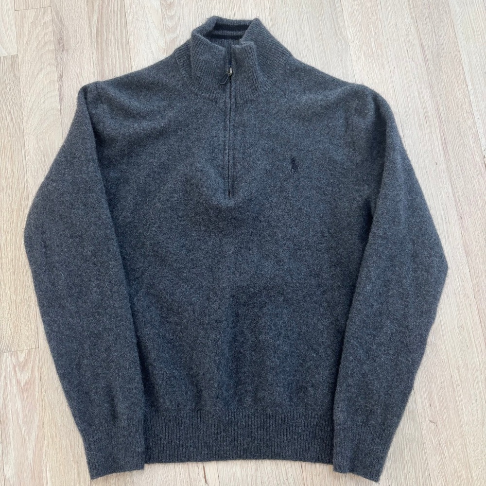 Polo Ralph Lauren Quarter Zip Sweater Mens Large Grey Wool Cashmere Excellent